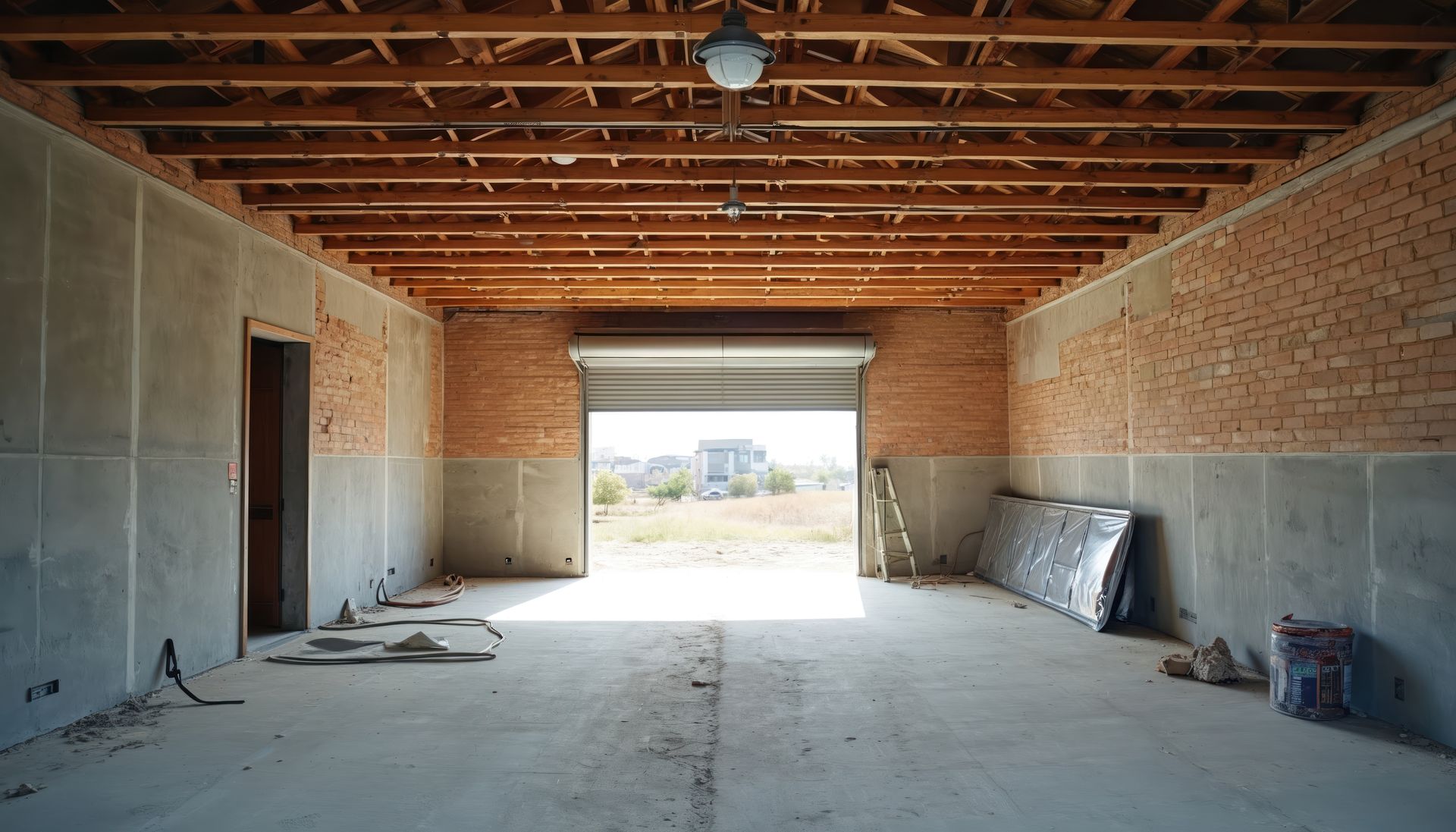 Interior of unfinished building with exposed brick and wooden beams. Open door to the outside.