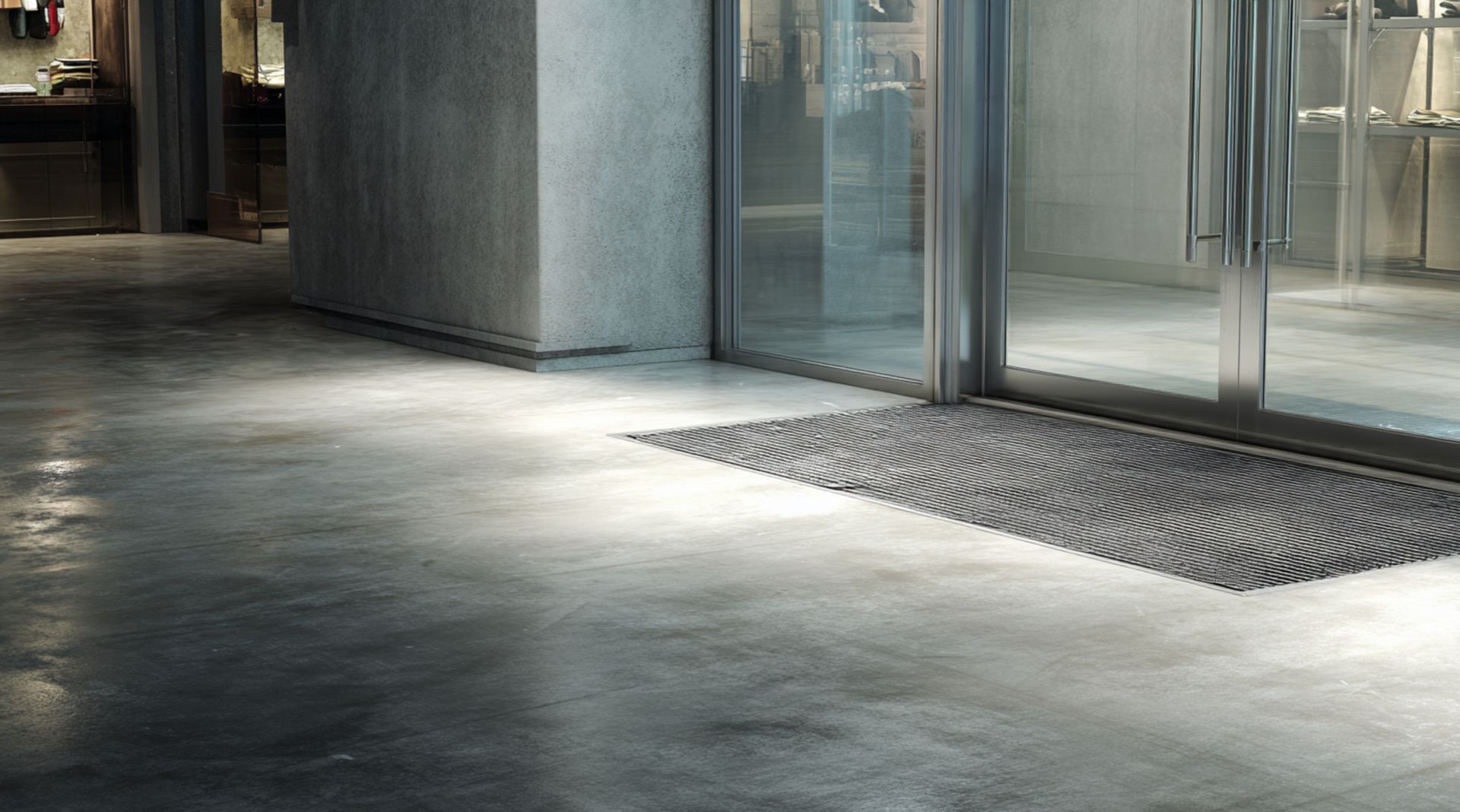 Exterior of a modern store with glass doors, a gray floor, and a recessed doormat.