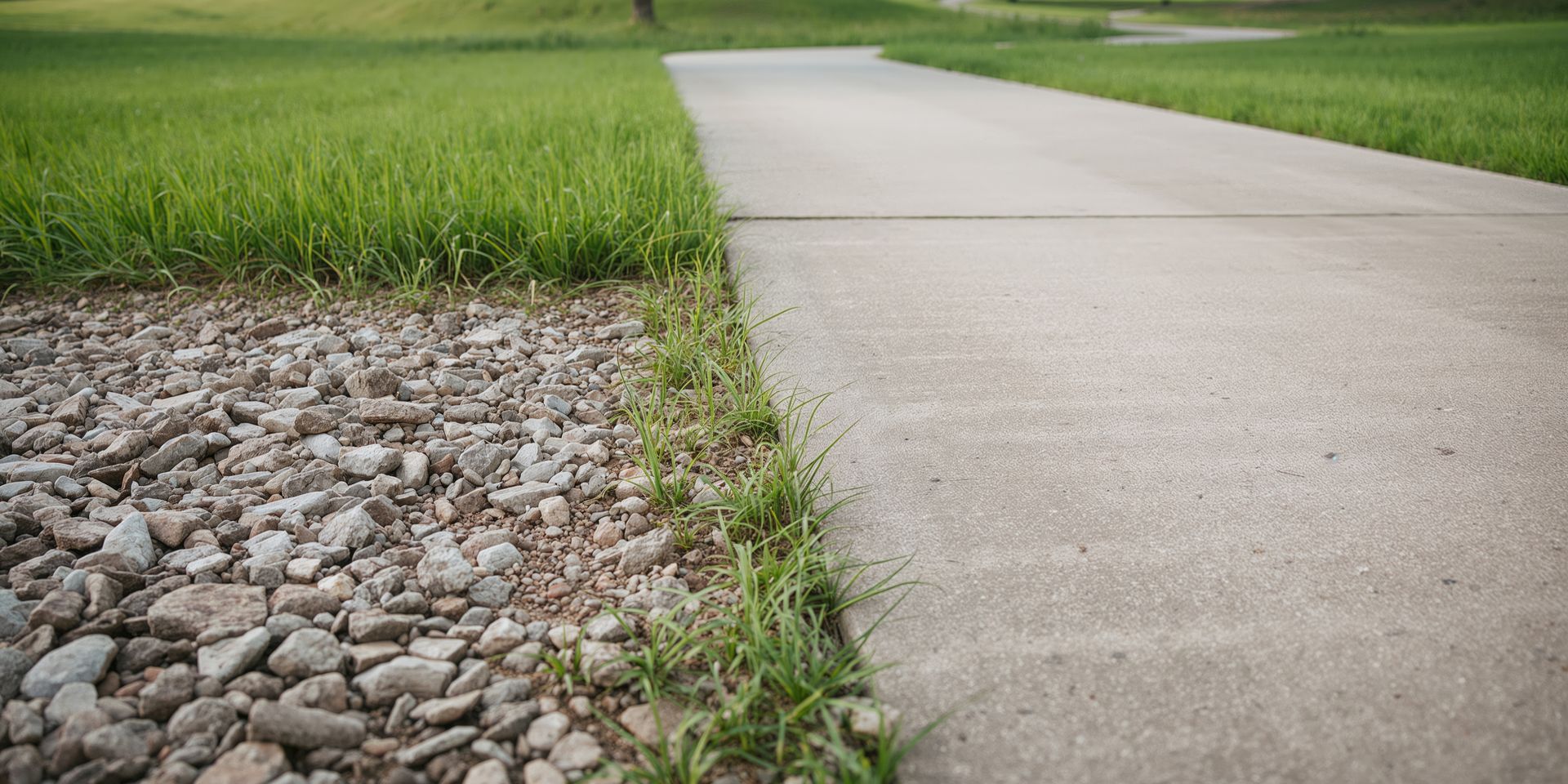 A concrete path bordered by grass and gravel, in a grassy field.