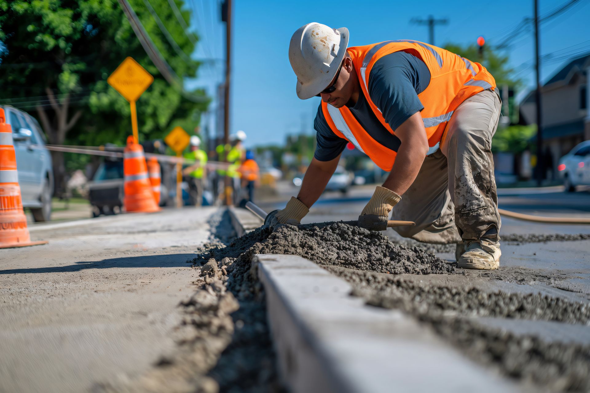 Construction worker smoothing concrete on a road, wearing safety vest, helmet, with cones and cars in the background.