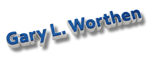 Blue 3D text reading “Gary L. Worthen” on a white background