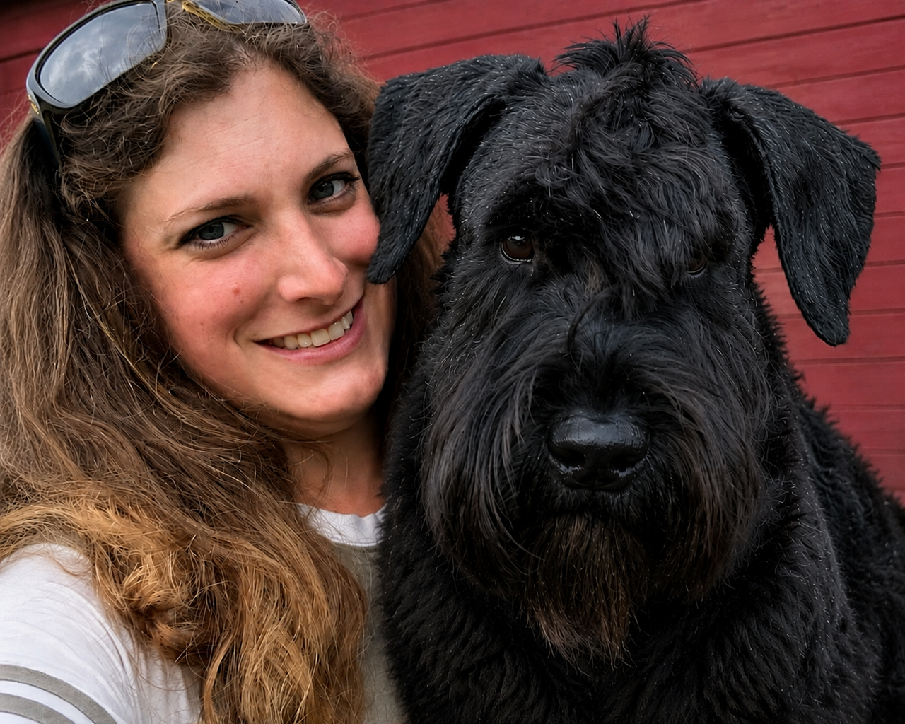 Smiling woman cuddling a large black dog in front of a red wall Smiling woman cuddling a large black dog in front of a red wall