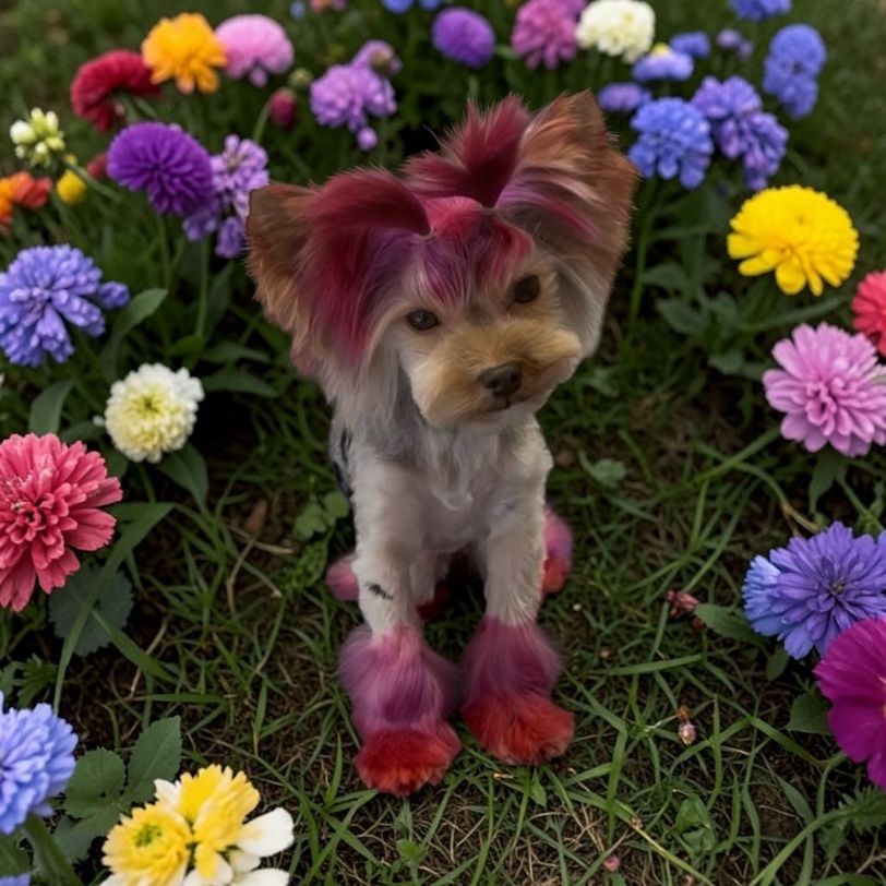 Small dog with dyed pink ears and paws sitting among colorful flowers on grass.