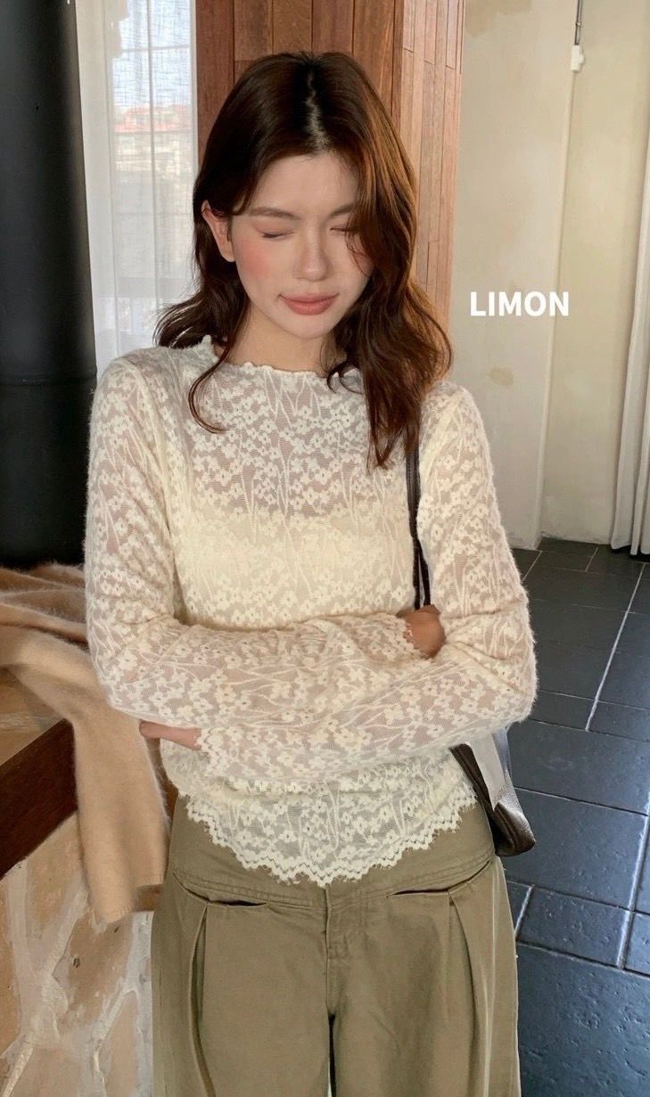 260919正版檸檬綠茶軟糯百搭精緻鈎花蕾絲打底小衫