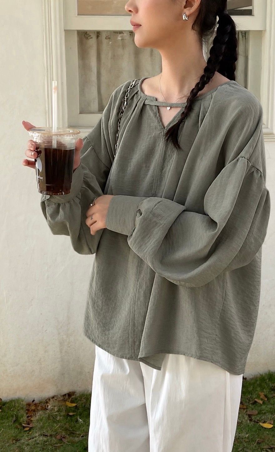 260920氣質抓皺領寬鬆長袖上衣