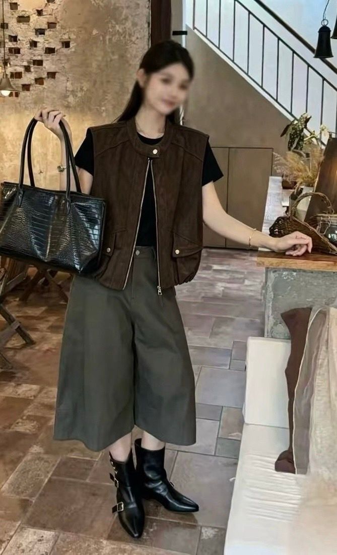 260927復古麂皮立領拉鍊口袋背心