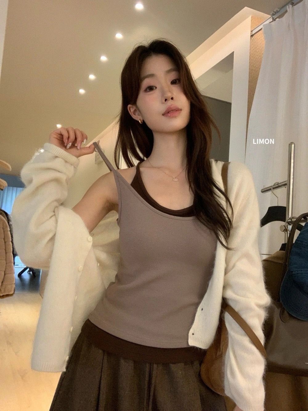 260930正版檸檬綠茶撞色內裡磨毛假二件背心（含胸墊）