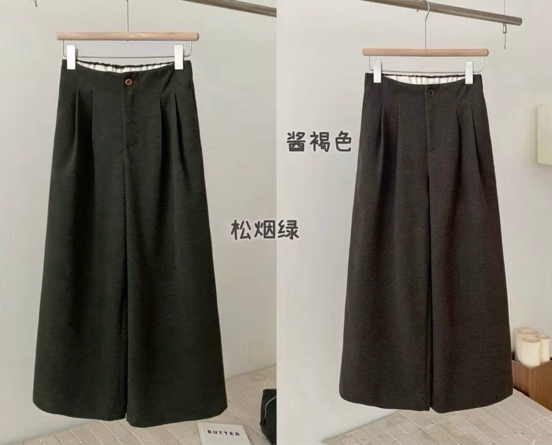 261005前壓折造型後鬆緊斜紋呢料寬褲