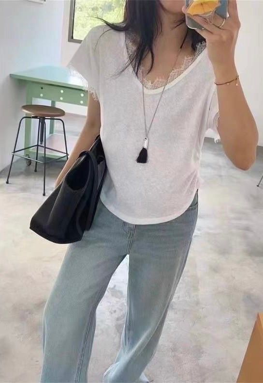260708睫毛蕾絲拼接雪花棉V領上衣