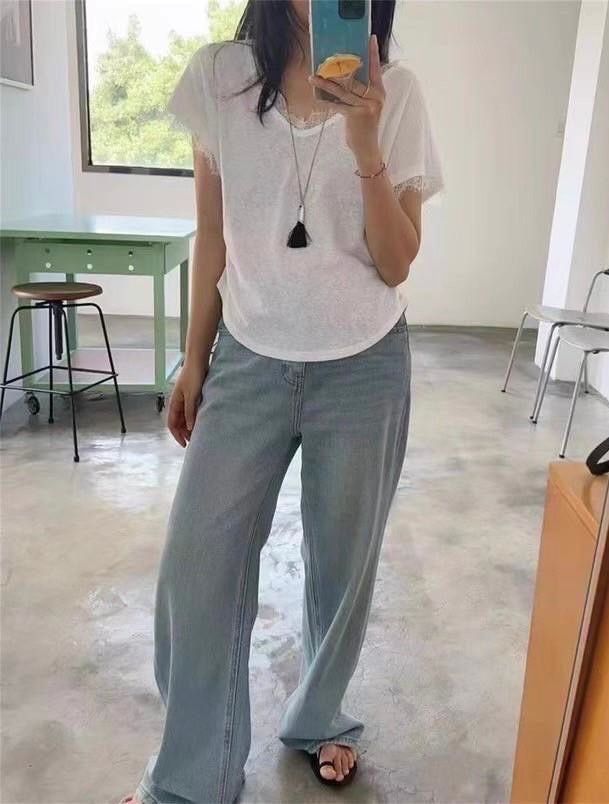 260708睫毛蕾絲拼接雪花棉V領上衣