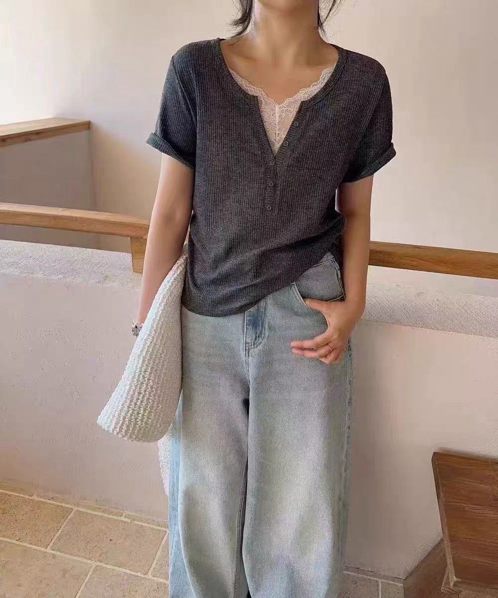 260711法式蕾絲拼接顯瘦上衣