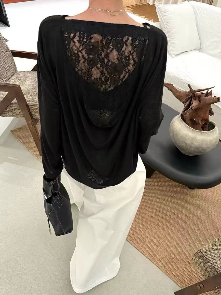 260711慵懶大V美背細緻蕾絲微透罩衫頂級上衣