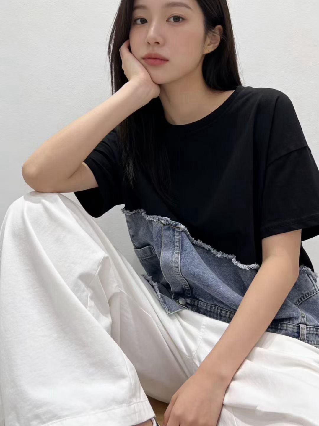 260716拼接牛仔設計感ㄒ恤