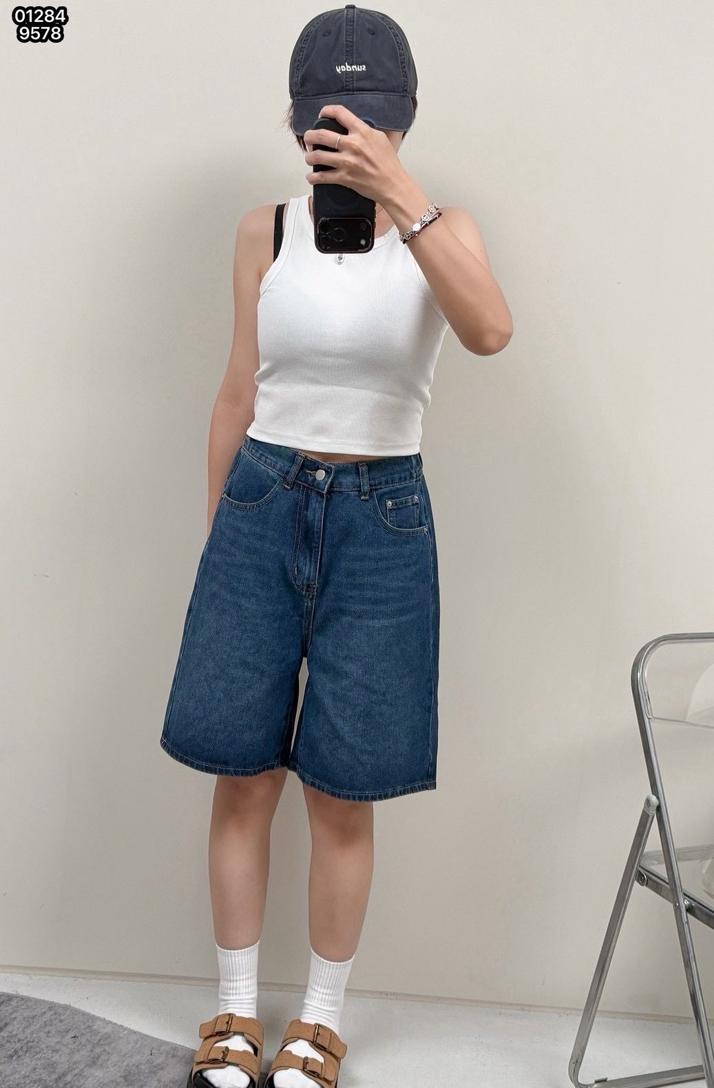 260717貓抓層次感經典單寧刷色五分牛仔褲