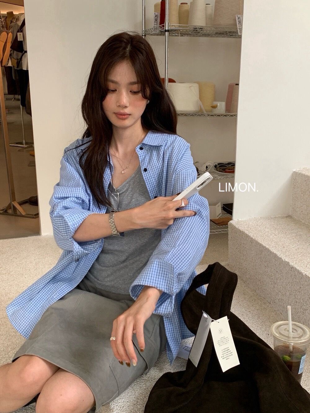 260723正版檸檬文藝慵懶格紋襯衫加無袖背心兩件套裝