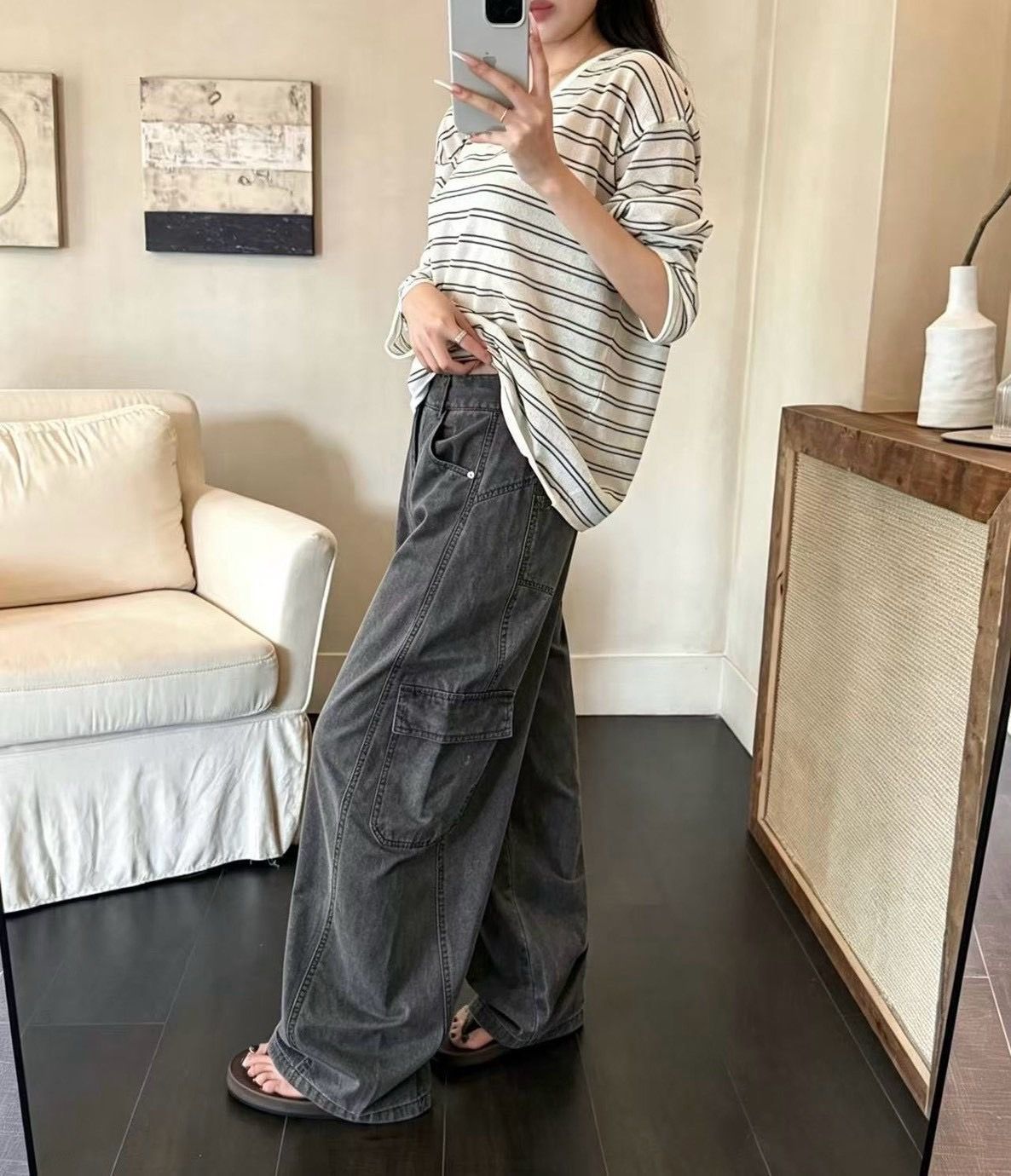 260801美式街頭潮流半鬆緊腰彎刀闊腿工裝褲