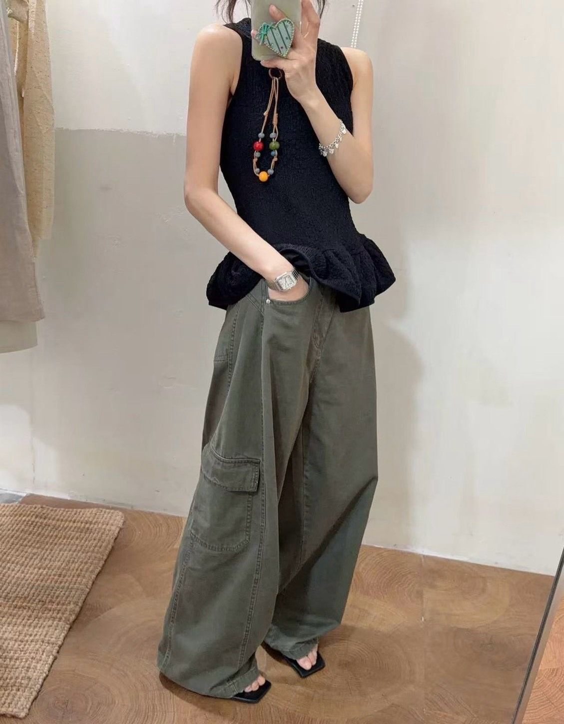260801美式街頭潮流半鬆緊腰彎刀闊腿工裝褲