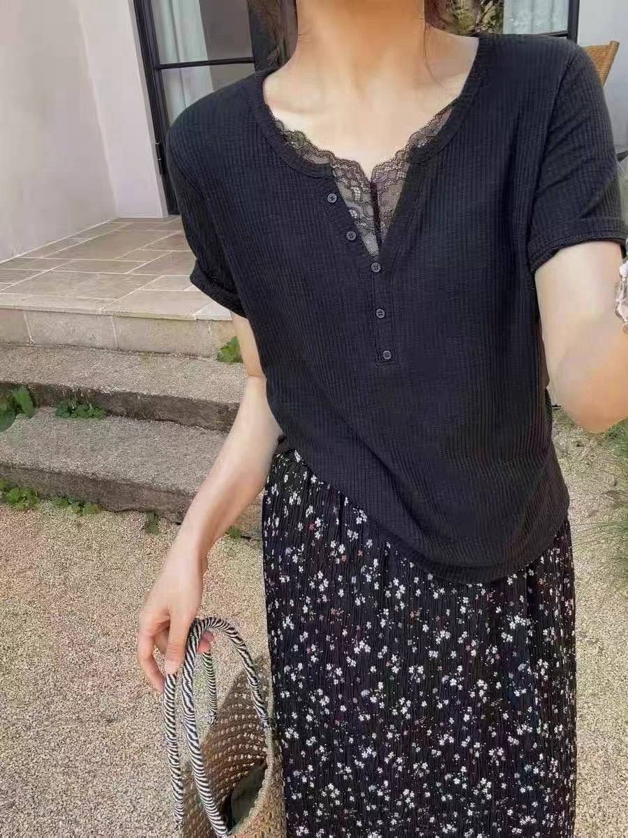 260806法式蕾絲拼接顯瘦上衣