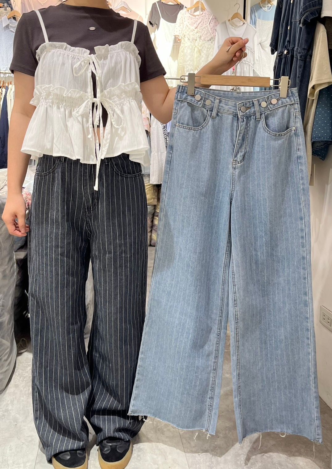 260809復古細直條牛仔寬褲