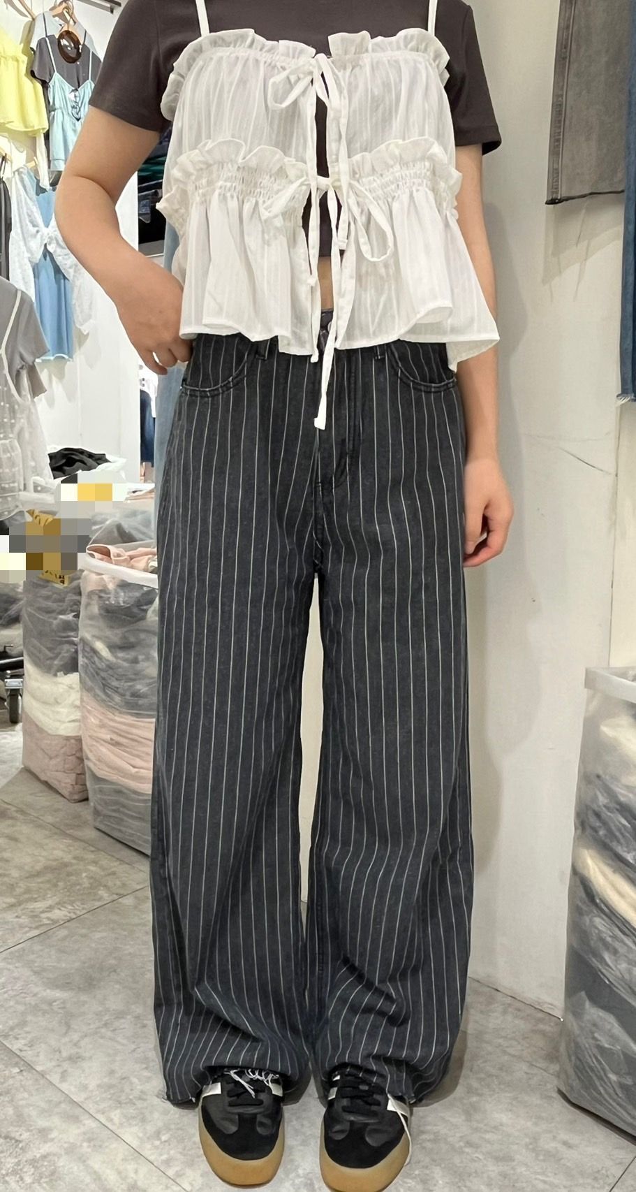 260809復古細直條牛仔寬褲