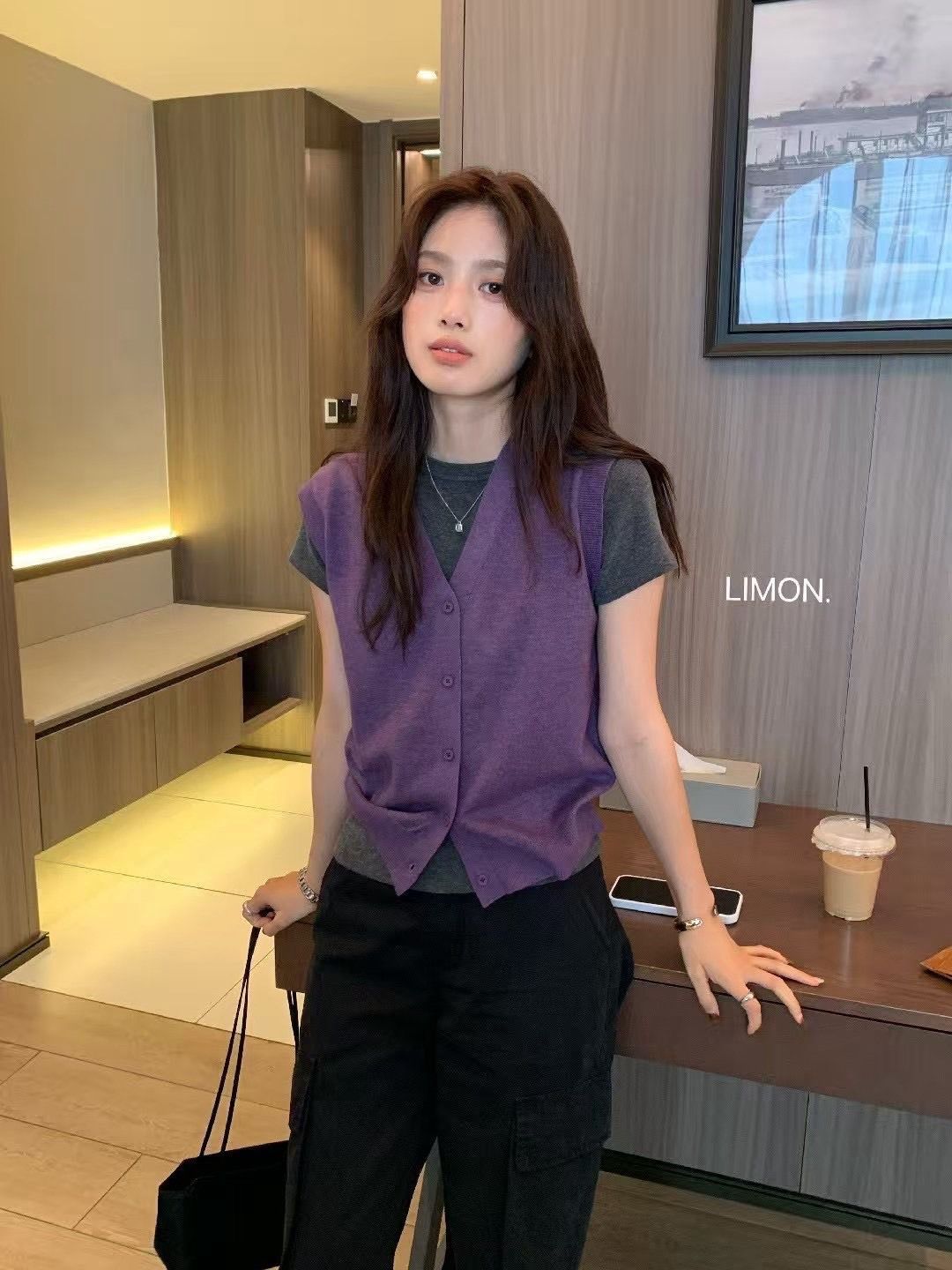260811正版檸檬綠茶V領氣質百搭開衫馬甲上衣