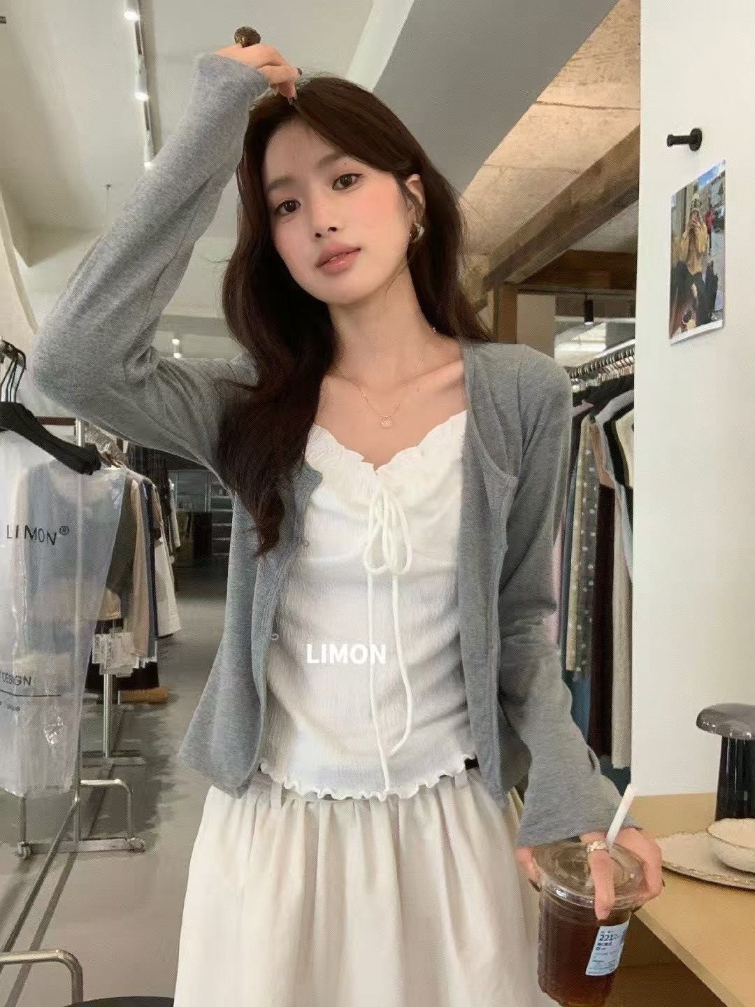 260821正版檸檬綠茶簡約感拼接設計氣質通勤上衣