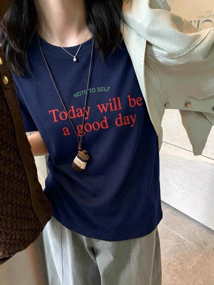 260827Good Day字母撞色磨毛ㄒ恤