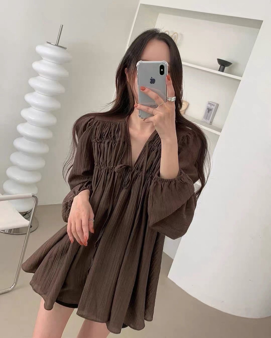 260828法式甜美氣質壓褶系帶V領中長款襯衫