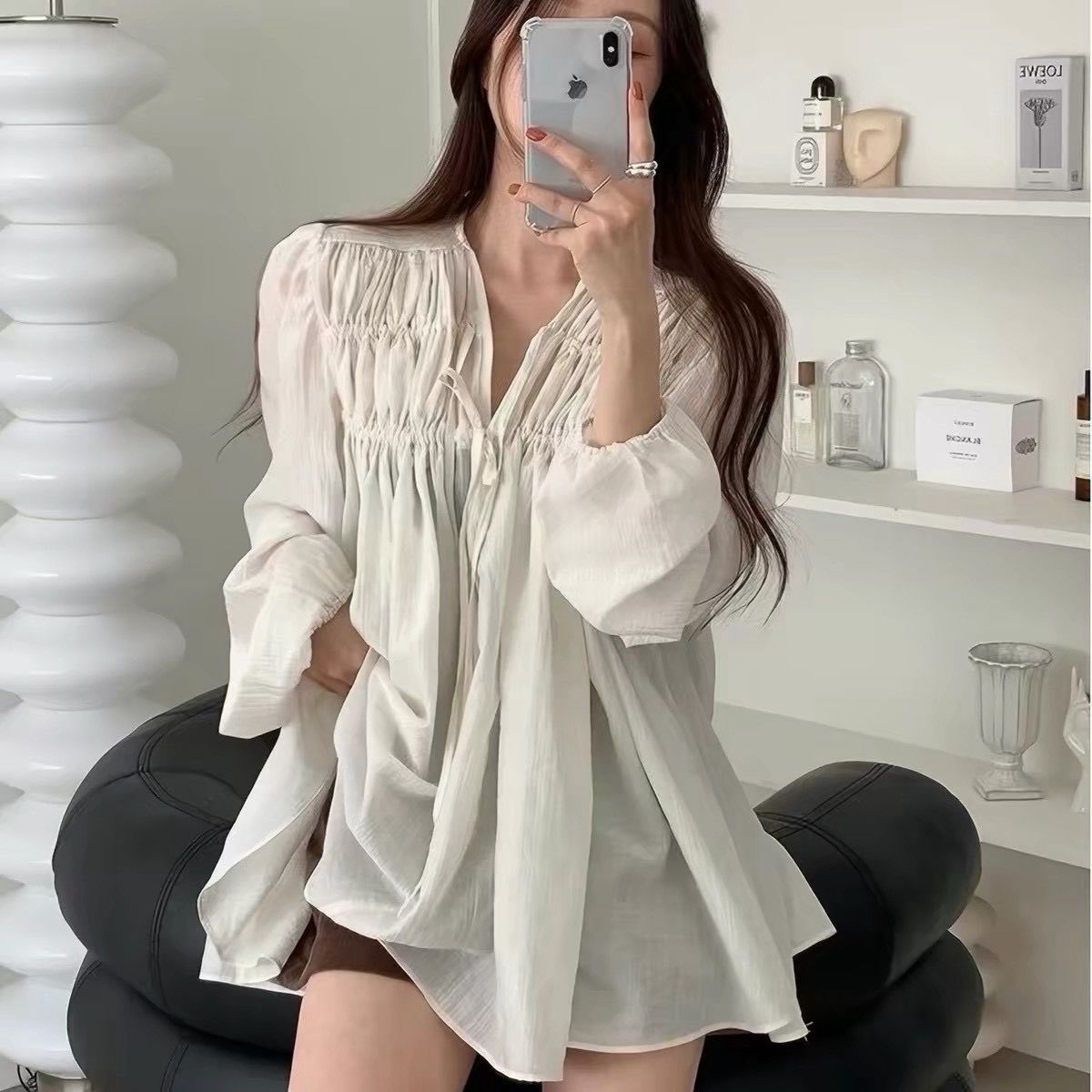 260828法式甜美氣質壓褶系帶V領中長款襯衫