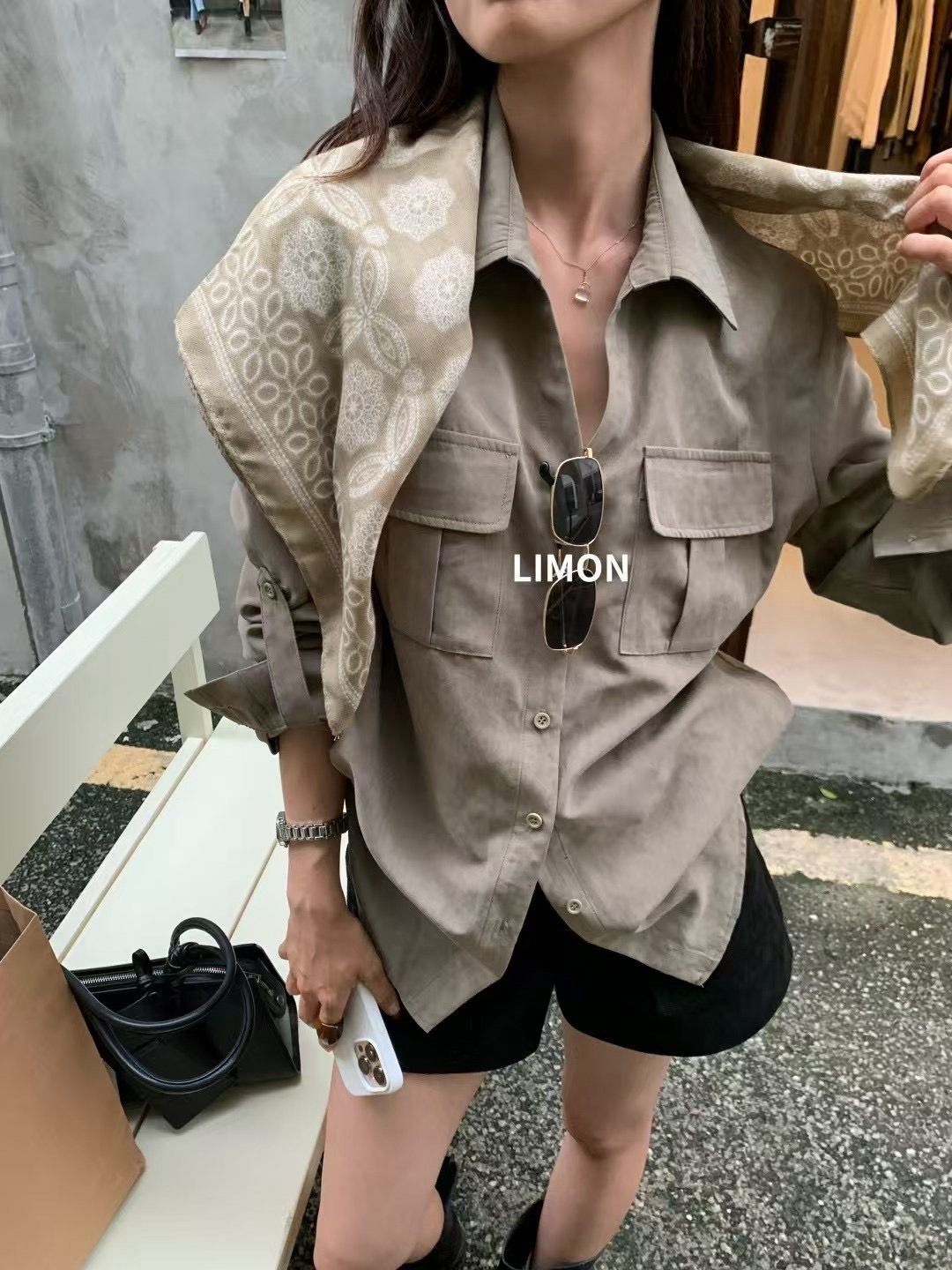 260901正版檸檬綠茶通勤百搭襯衫加披肩絲巾套裝組