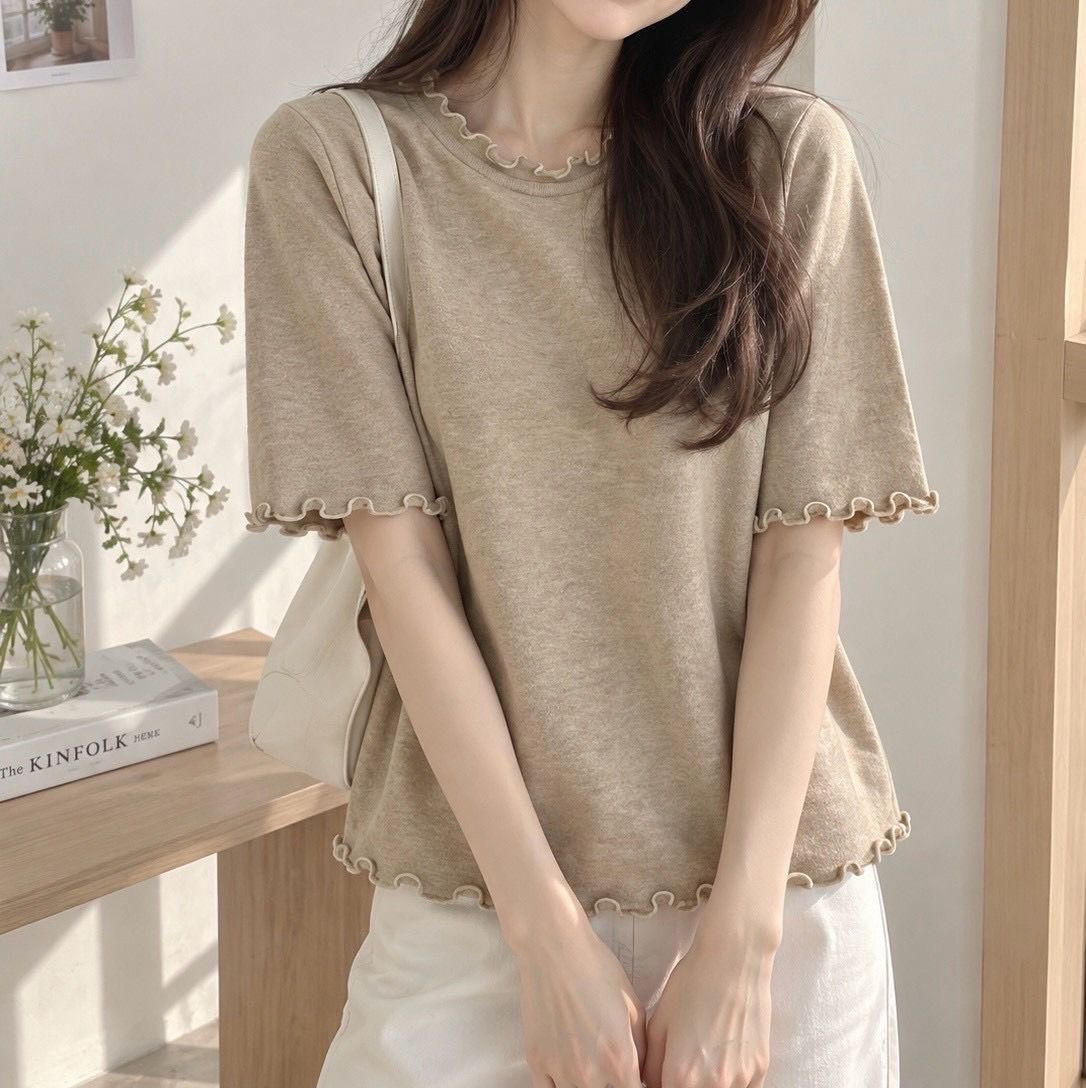 260909簡約木耳邊苞芯紗針織上衣