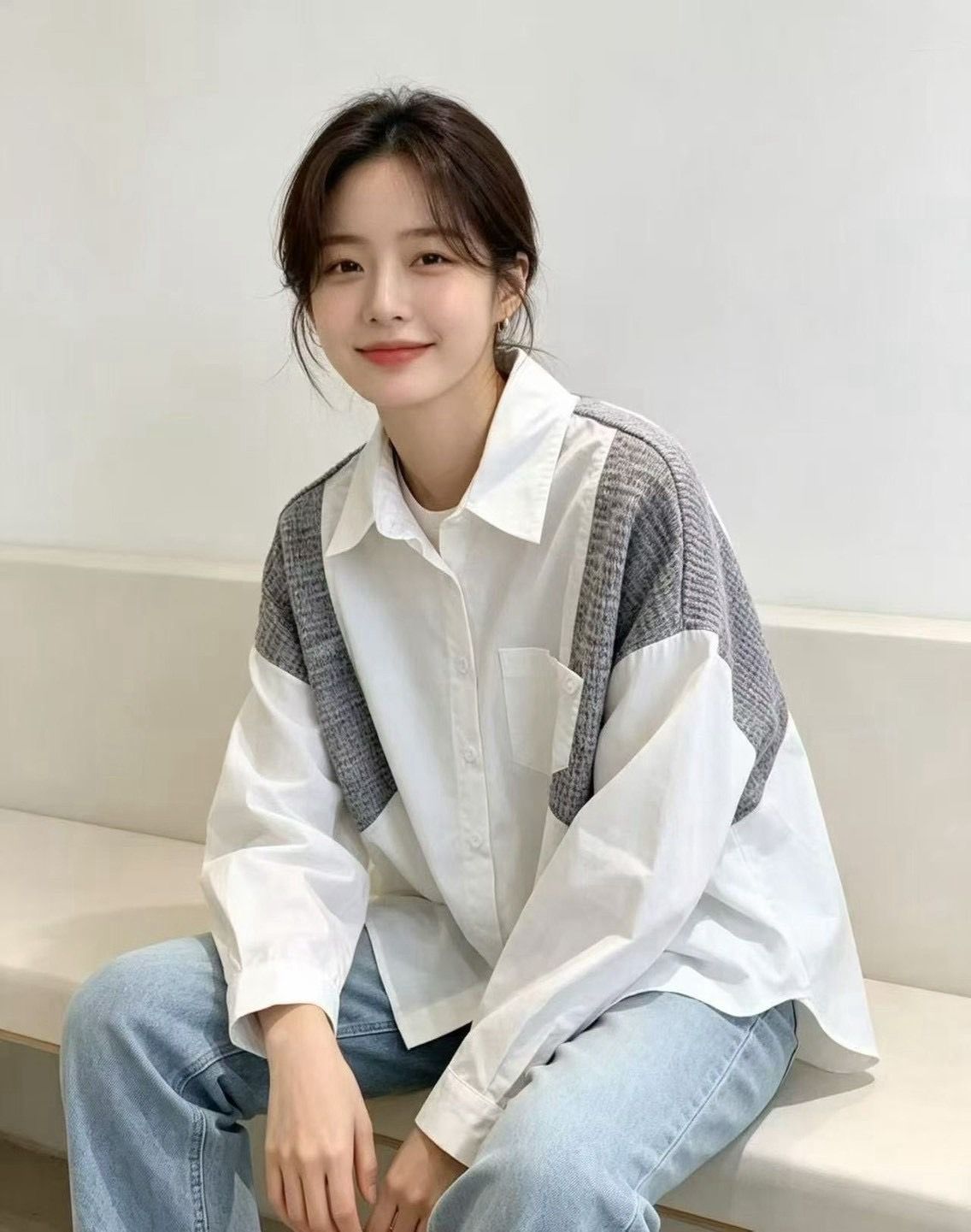 260910韓國設計感的異材質拼接襯衫