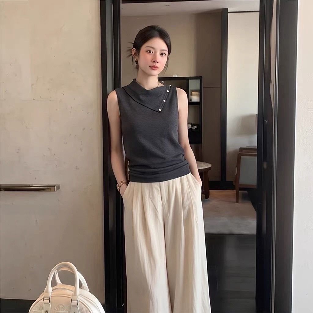 260911高級感不對稱斜領無袖針織背心