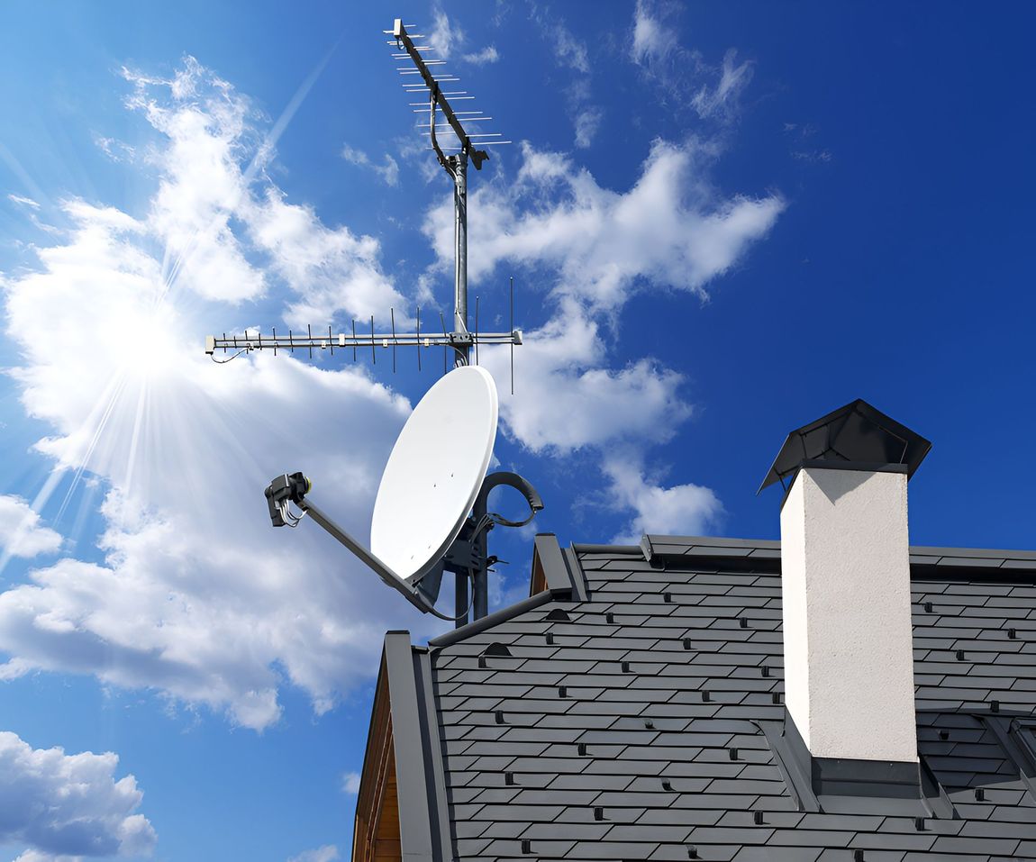 A Satellite Dish On Top Of A Roof With The Sun Shining Through The Clouds — Craig's TV/Antenna Services In Maryland, NSW