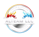 Logo for Altearn LLC, heating and cooling contractor. Features flames, text on a circular design, in red, blue, and white.