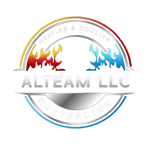 Logo for Altearn LLC, heating and cooling contractor. Features flames, text on a circular design, in red, blue, and white.