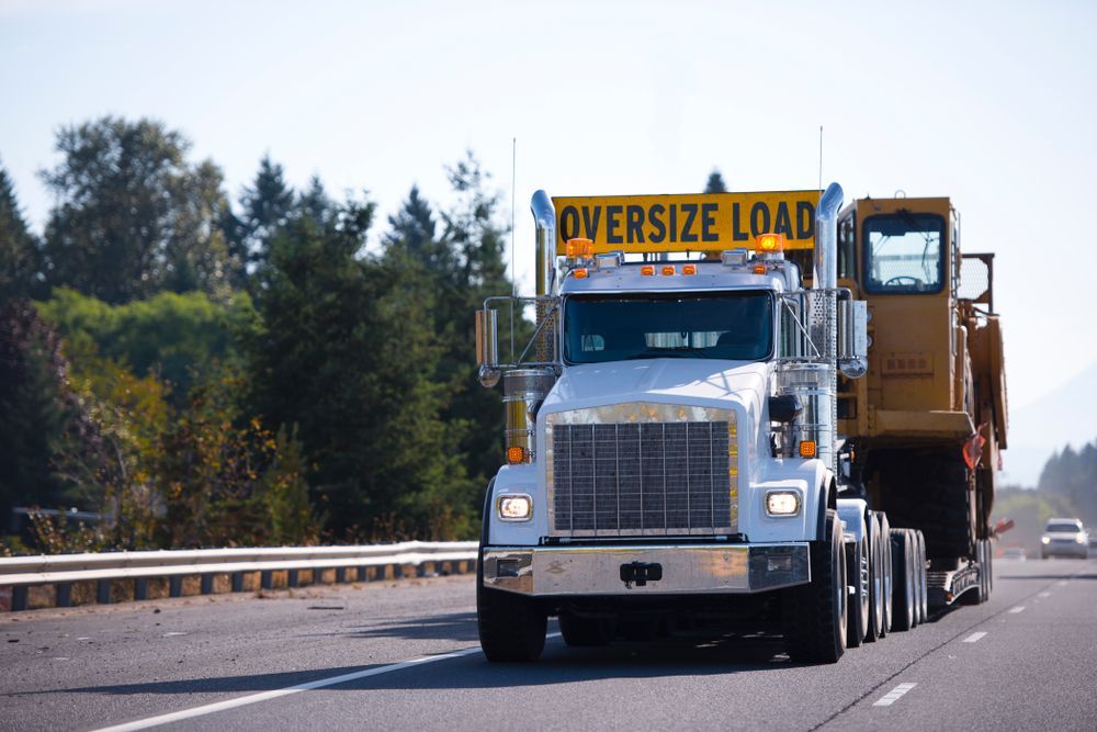 A White Semi-Truck Carrying Oversized Yellow Construction Equipment — Aust. Advanced Trailer Sales & Service in Berrimah, NT