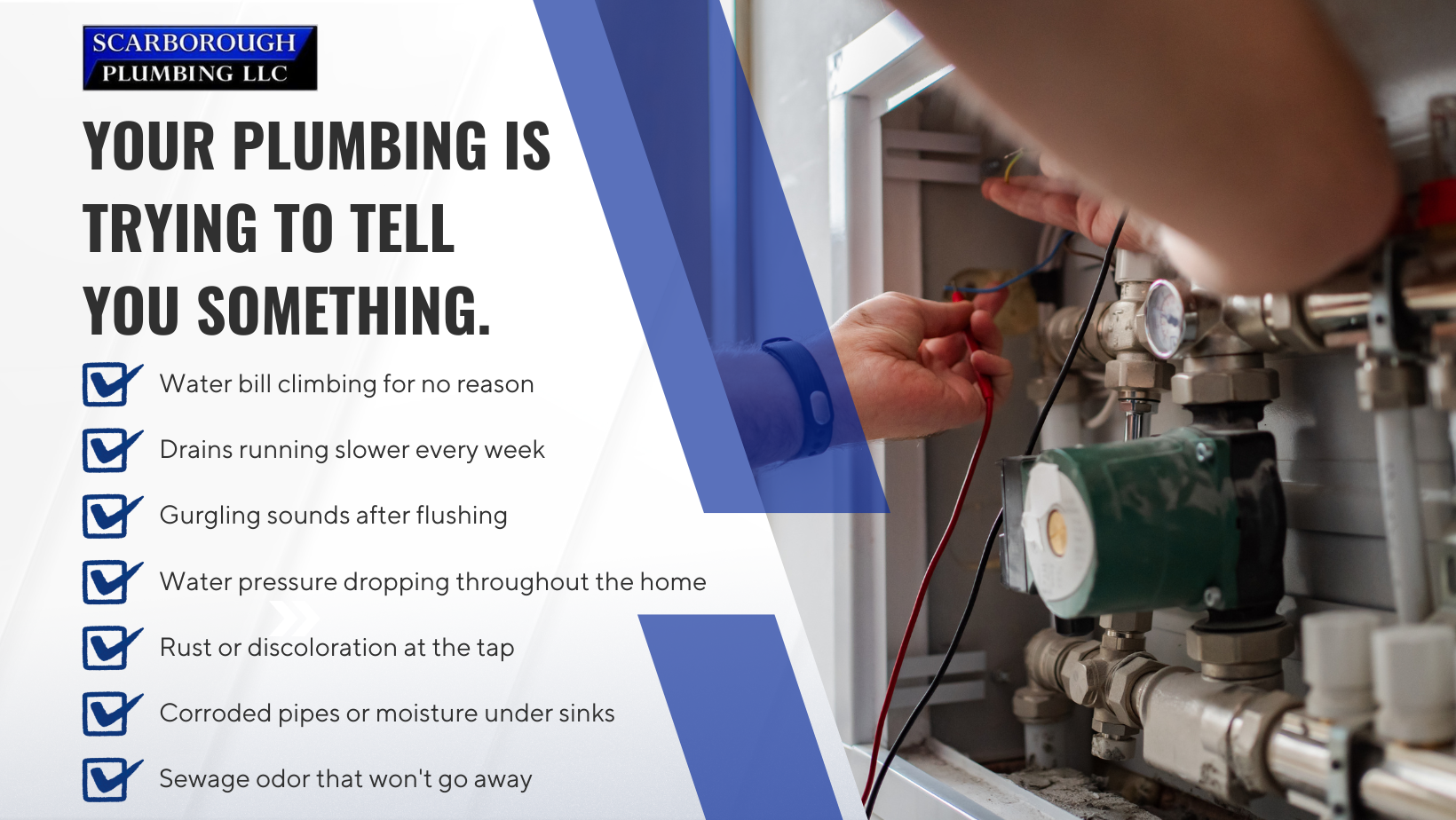 Plumbing ad with blue checklist beside a hand repairing pipes and a water heater indoors