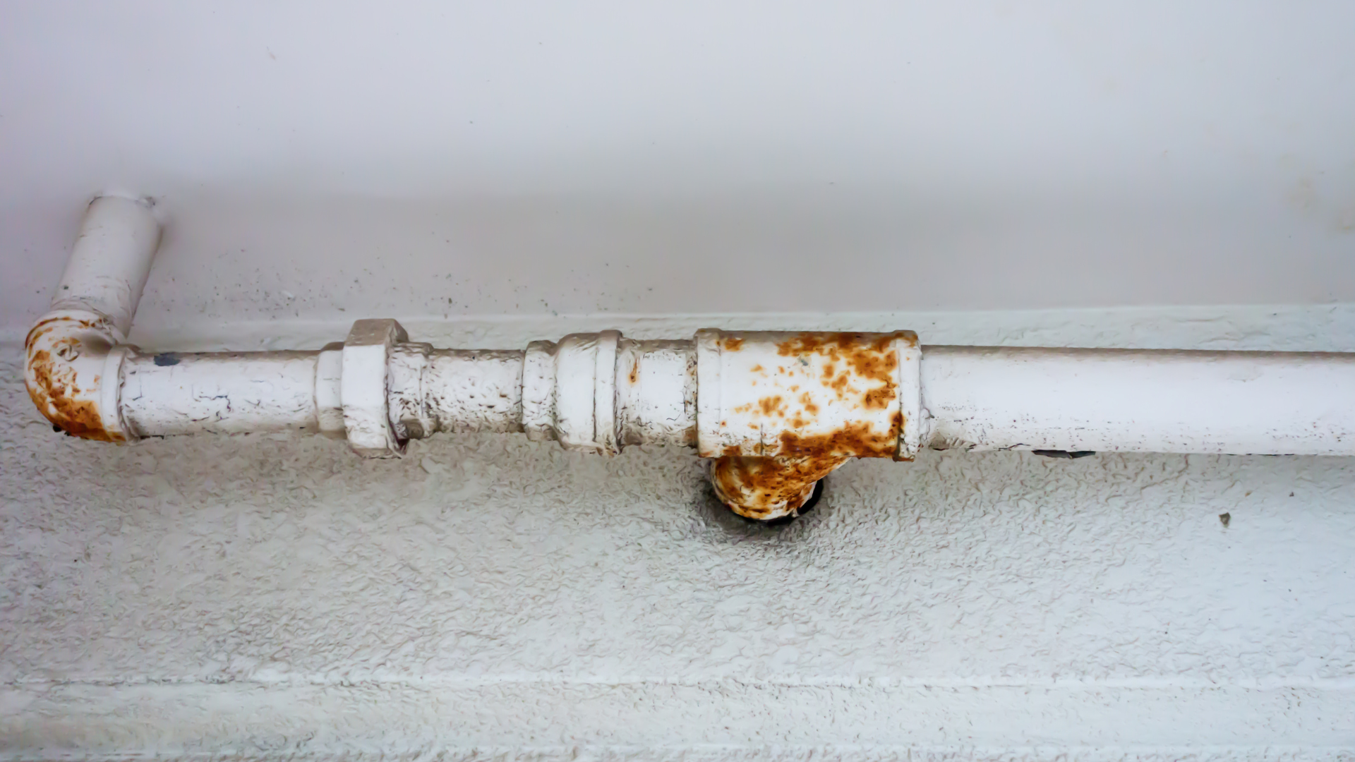 Rusty white metal pipe along a wall with a corroded central joint and elbow bend