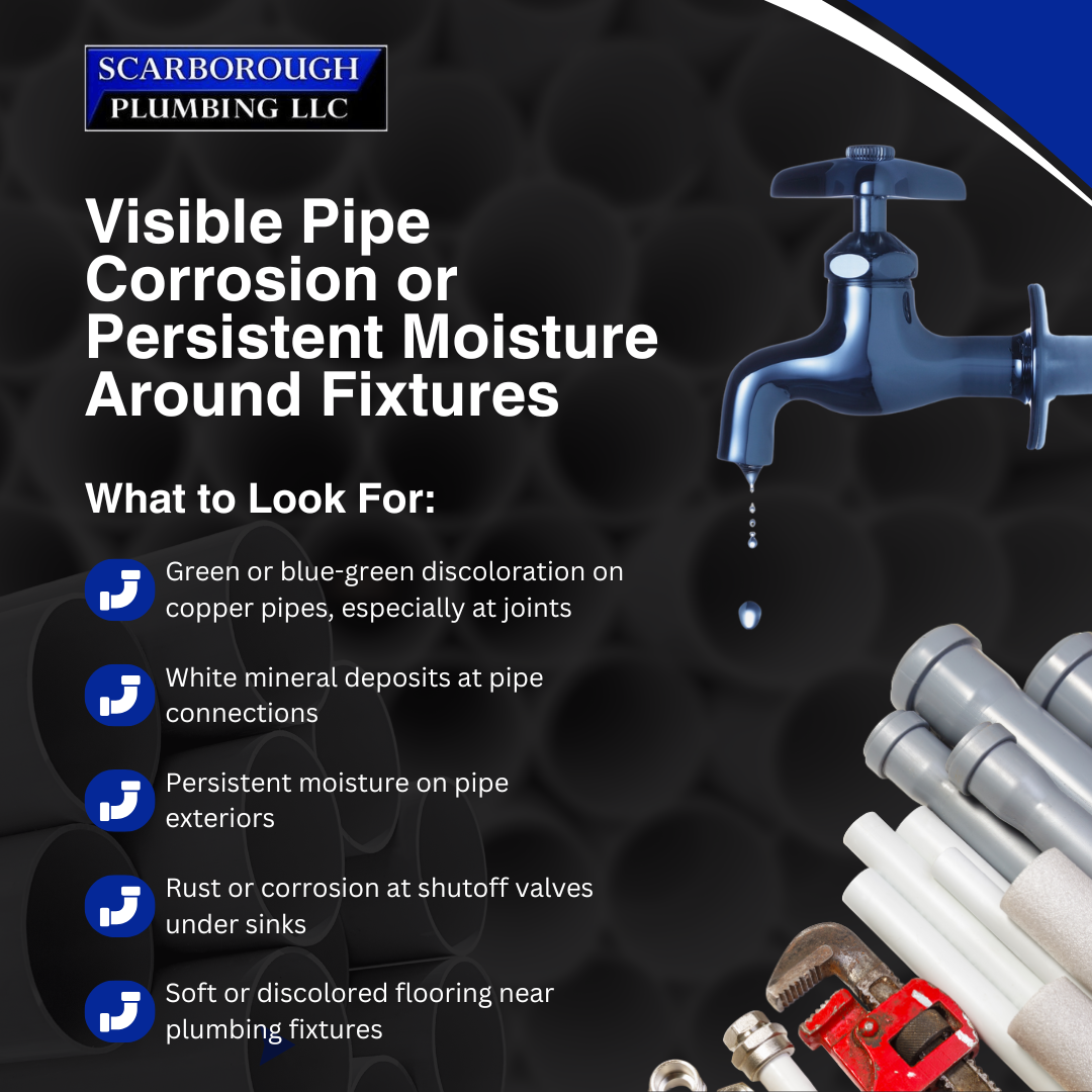 Plumbing ad showing faucet leaks and pipe corrosion signs, with blue-and-white text on a dark background