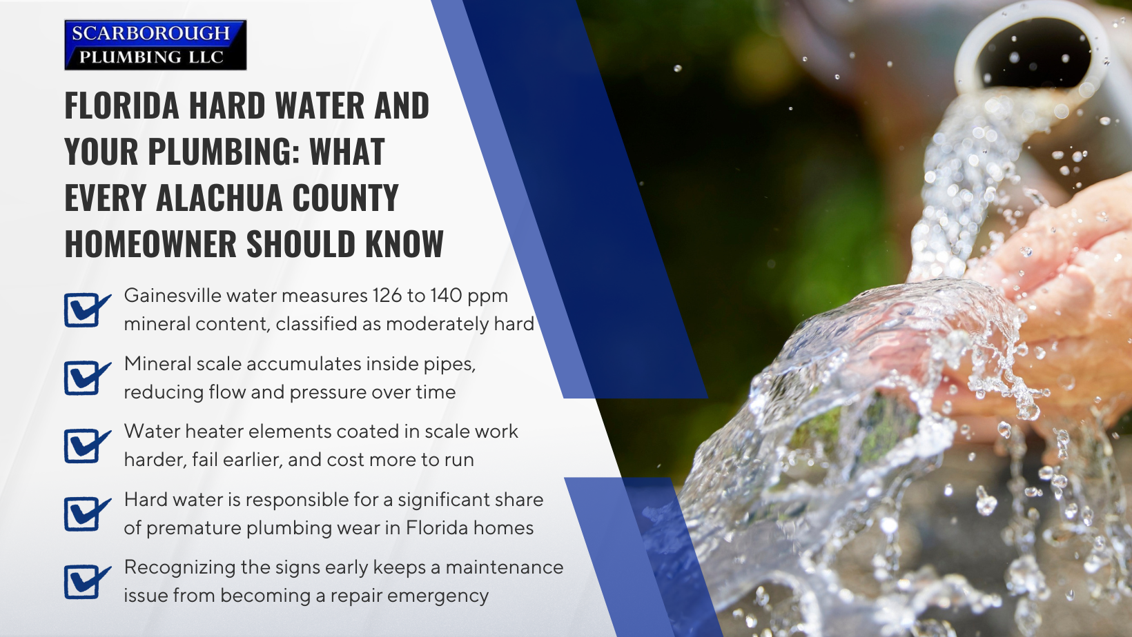 Florida Hard Water and Your Plumbing brochure with checklist and faucet water splash image