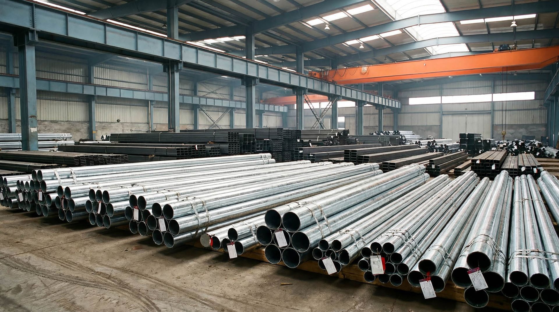 Large stacks of industrial steel pipes organized in a warehouse for a wholesale metal supplier.