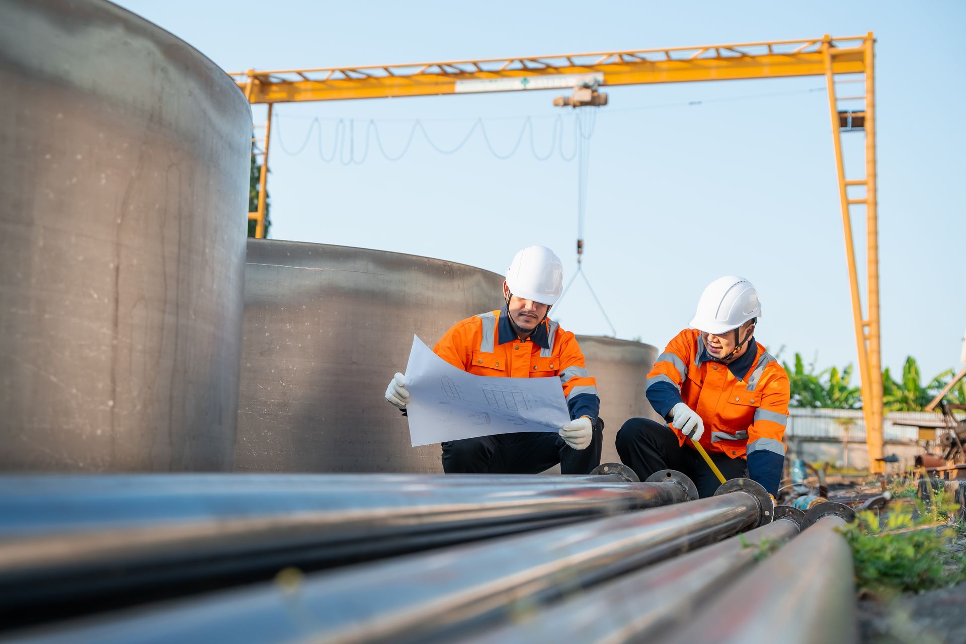 Two men in safety vests and hard hats are collaborating on a pipe installation at a job site Two men in safety vests and hard hats are collaborating on a pipe installation at a job site