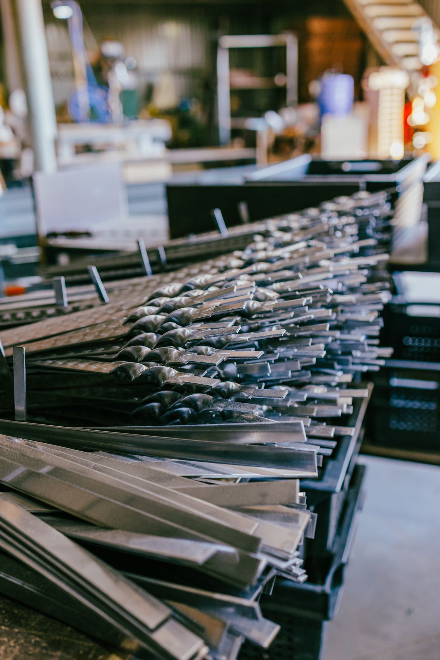 Iron sheets and already made skewers lie next to each other at the factory. 