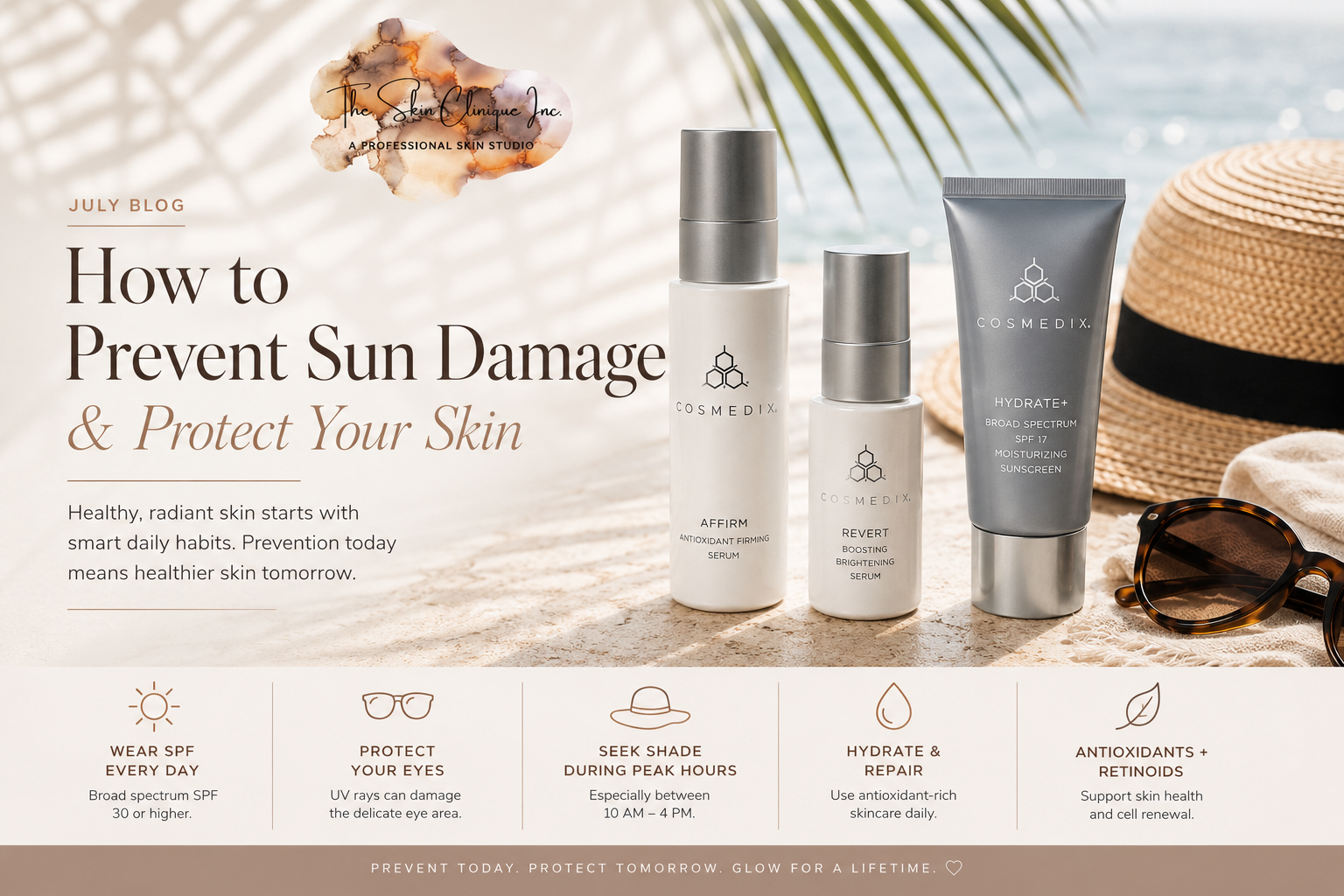 Healthy glowing skin protected from sun damage with SPF and proper skincare