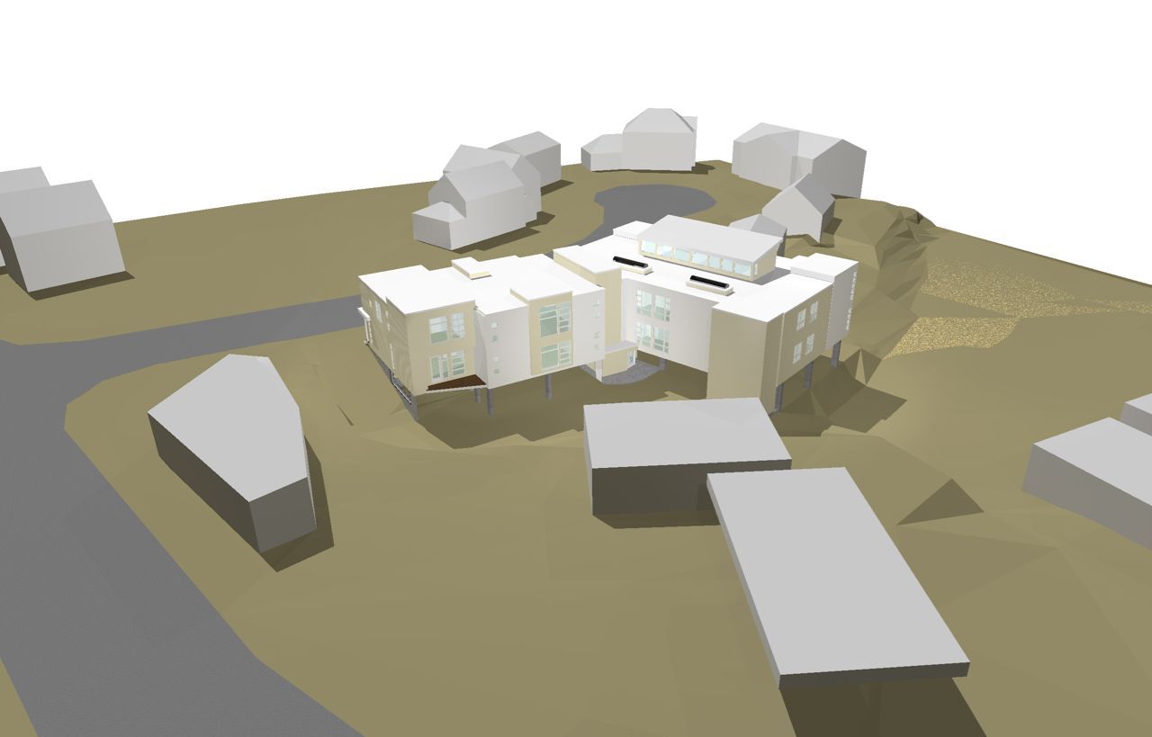 3D model rendering of a light-colored building complex on a brown, hilly landscape with a road and other simple buildings.