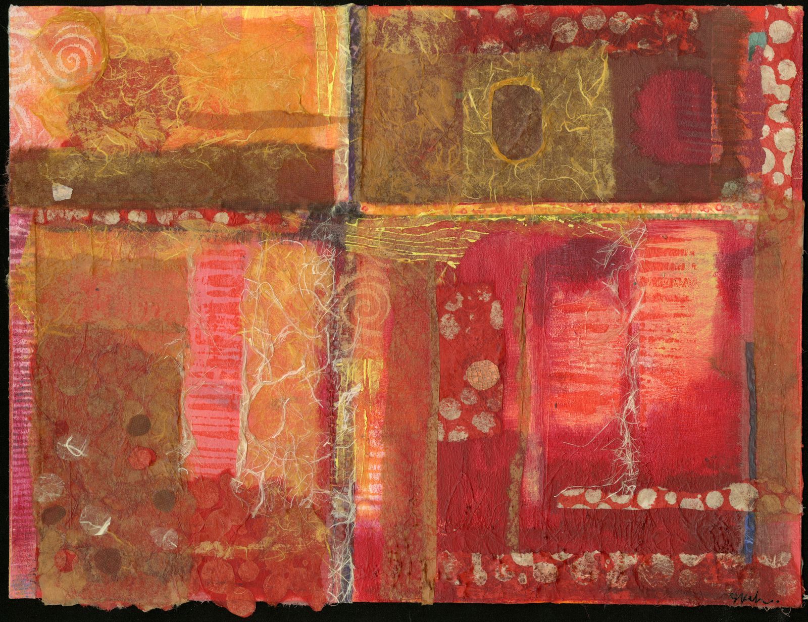 Abstract mixed media artwork, warm reddish tones, layered squares and rectangles with textures and patterns.