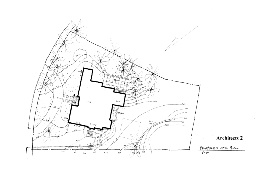 Architectural site plan of a house with surrounding landscaping, contour lines, and trees.