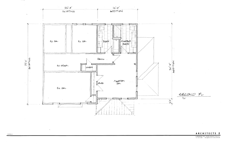 Architectural blueprint of a one-story house with labeled rooms: bedrooms, kitchen, living room, and bathroom.