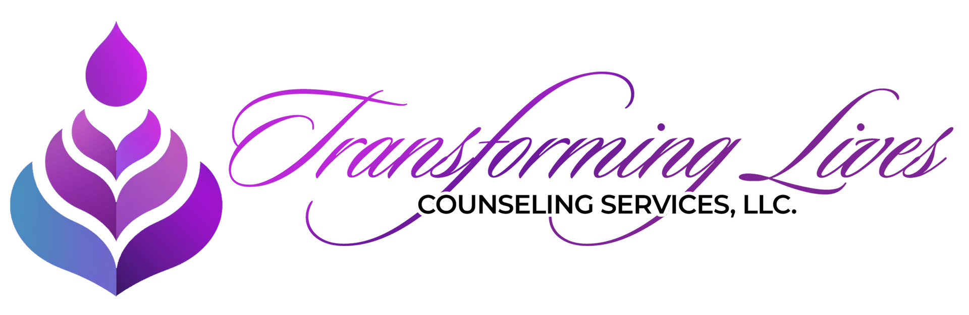 The logo for transforming lives counseling services is purple and black.